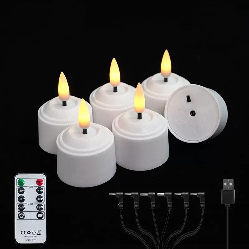 6 In1 USB Rechargeable Tealight Remote Control w/Timer Led Flameless Candles 3D Wick Flickering Halloween Wedding Votive Candle
