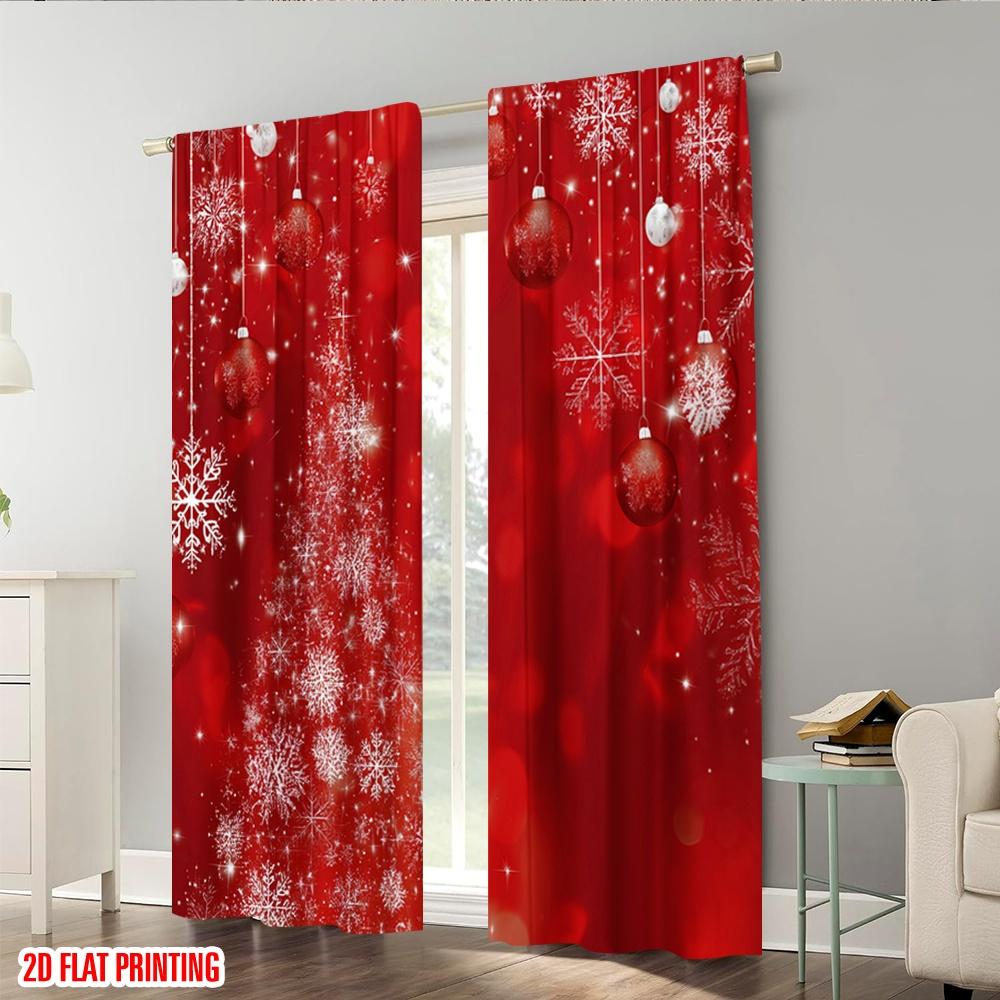 Set Of 2 Plane Printing Curtain Popular Xmas Ball Glitter Sparkle Snow Durable Polyester Without Rod Art Deco Festive Use Made