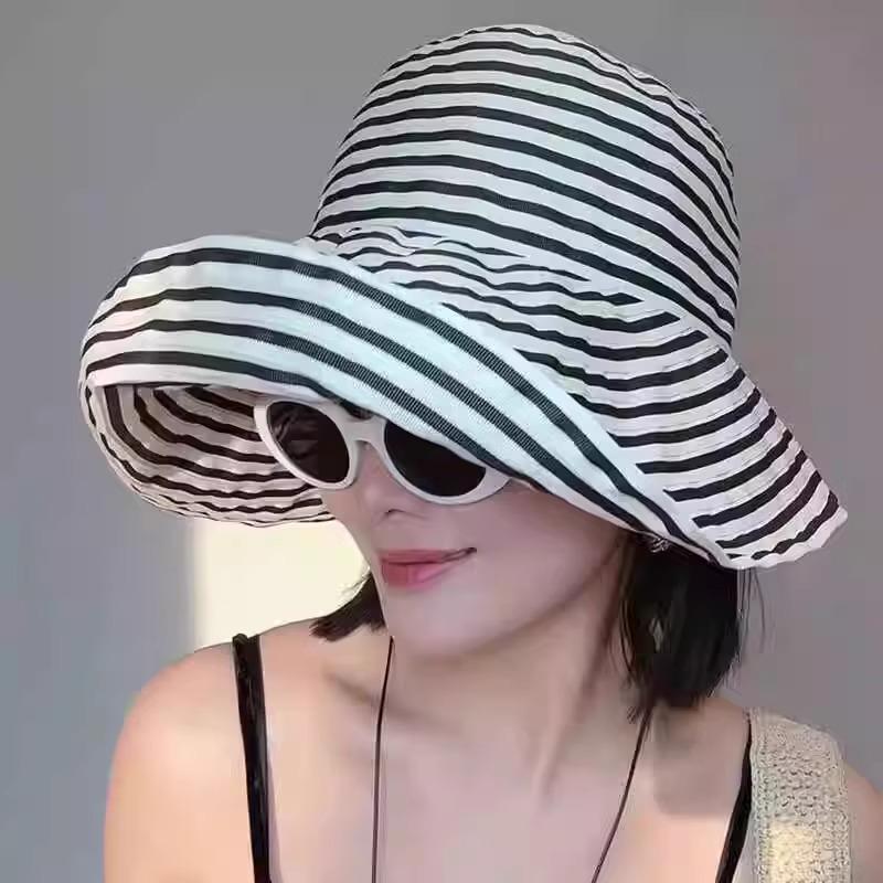 Women's Korean-Style Striped Foldable Bucket Hat with Sun Protection, Large Size