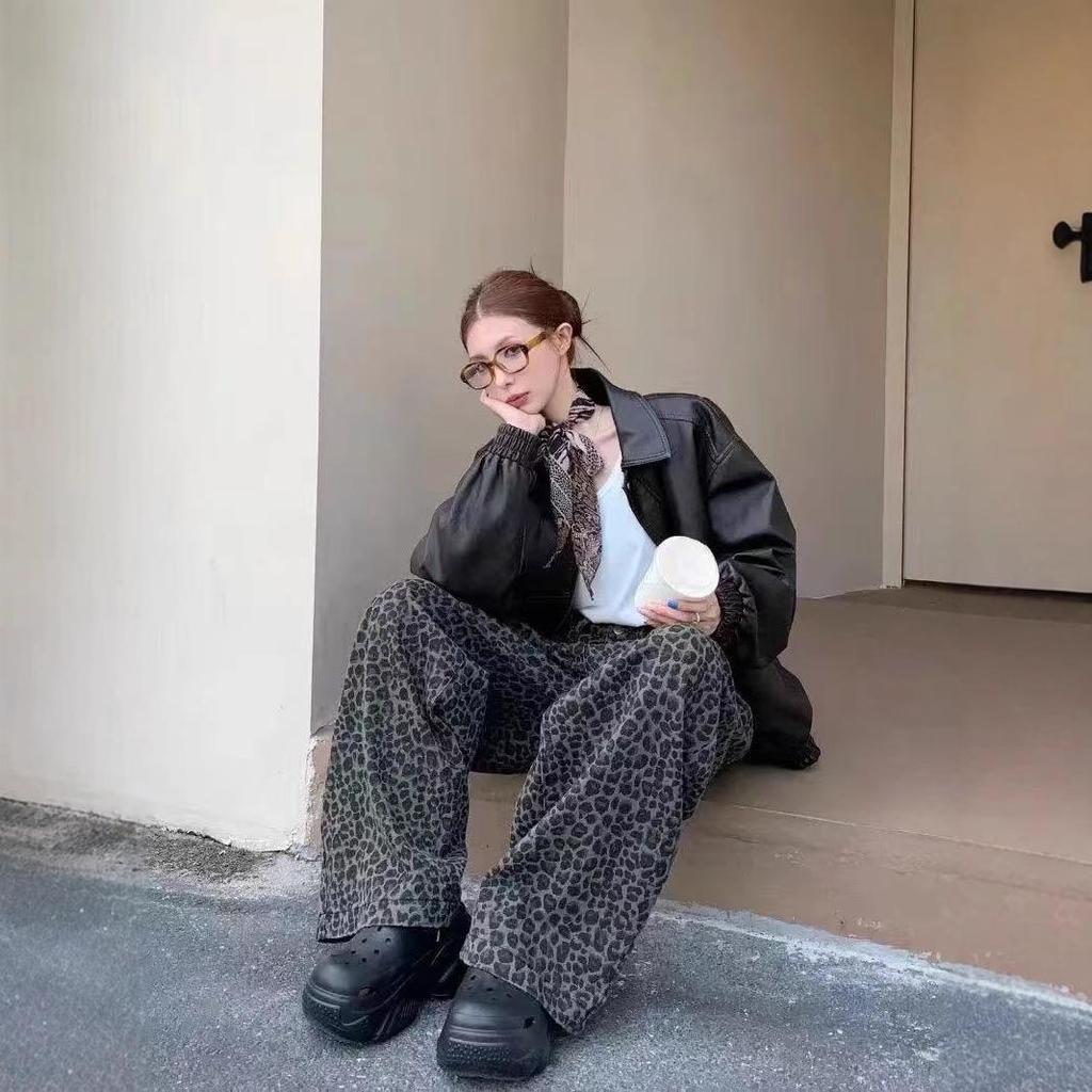 Dżinsy unisex w panterkę: Prane, Postarzane, Proste nogawki, Klimat High Street na wiosnę i jesień