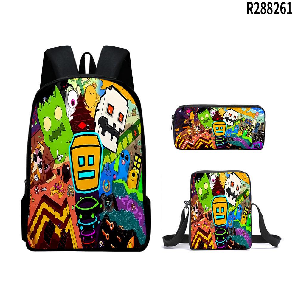 Klassiek Populair Geometry Dash 3D Print 3 stuks/Set leerling Schooltassen Laptop Dagrugzak Rugzak Schuin gedragen schoudertas Etui