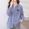 Blue Striped Shirt for Women Long Sleeve Autumn New Style Design Niche Knitted Shawl Top Pure Cotton Shirt