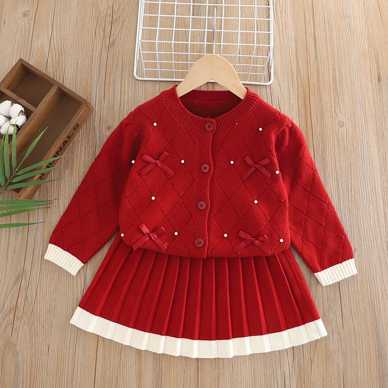 Girls Sets Children'S Clothing Autumn Winter Bow Suit Knit Sweater+ Short Skirt 2pcs Kids Outfits