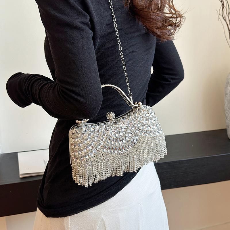 New fashion rhinestone foreign style shoulder messenger bag women's chain fringed dinner bag