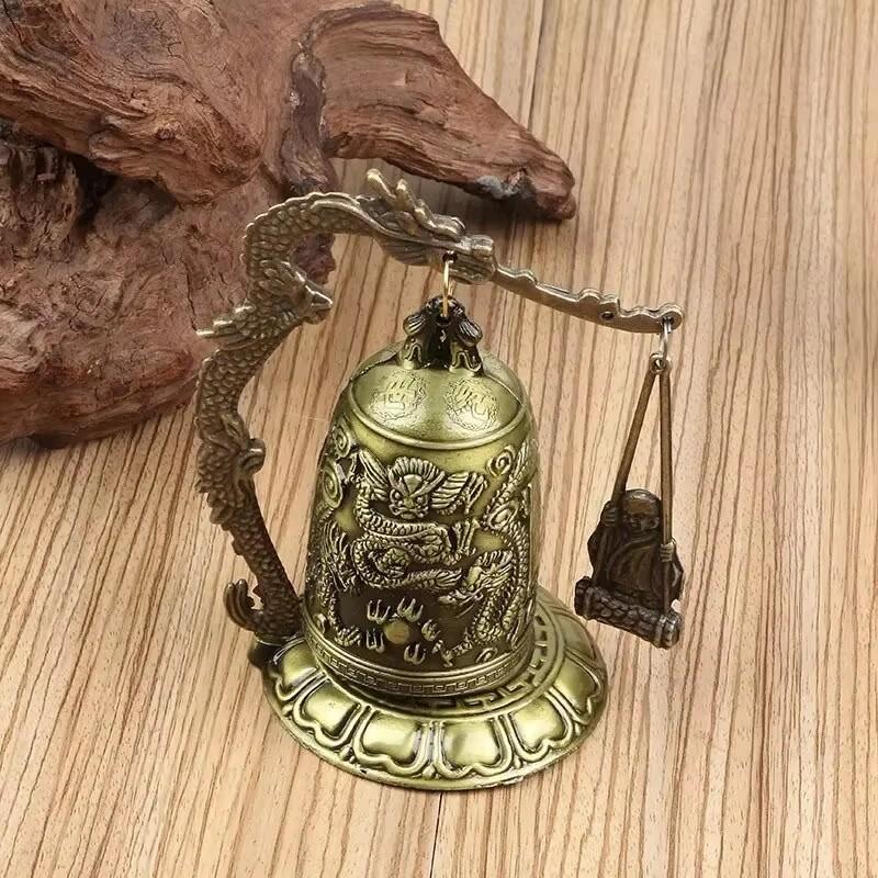 1Pc New Hot Selling Good Luck Feng Shui Ornament Home Decor Figurines Metal Bell Carved Dragon Buddhist Clock Home Decor Supply