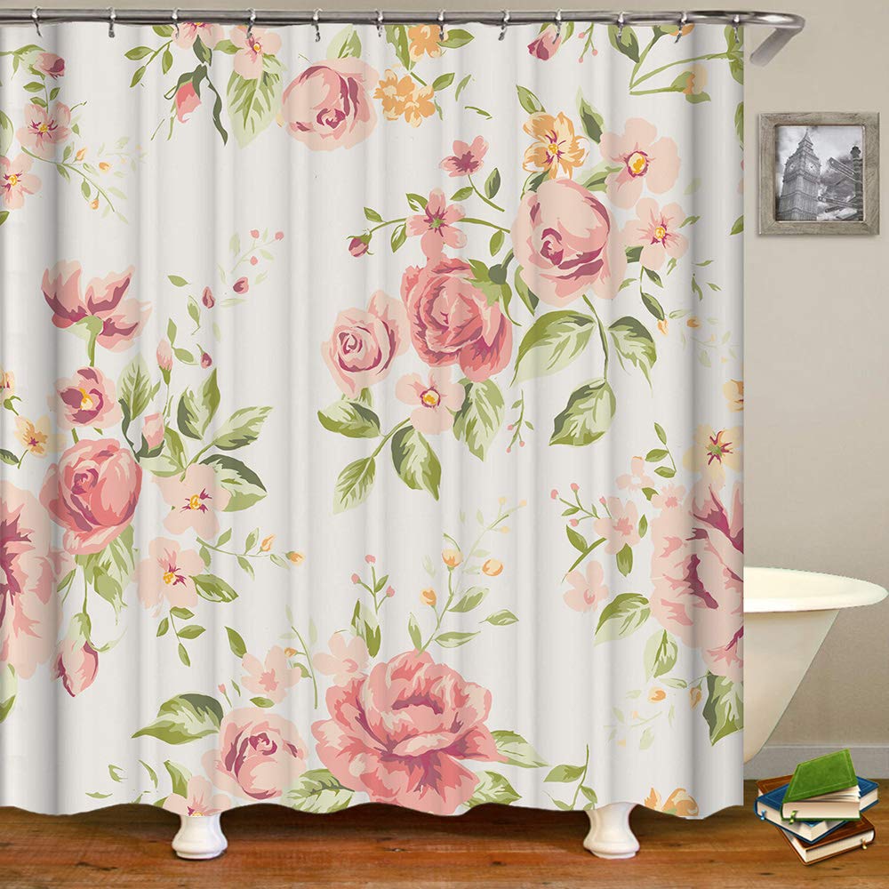 Red Rose Shower Curtain Botanical Floral Romantic Flower Valentine Girls Bathroom Curtain Decor Waterproof Fabric Include Hooks