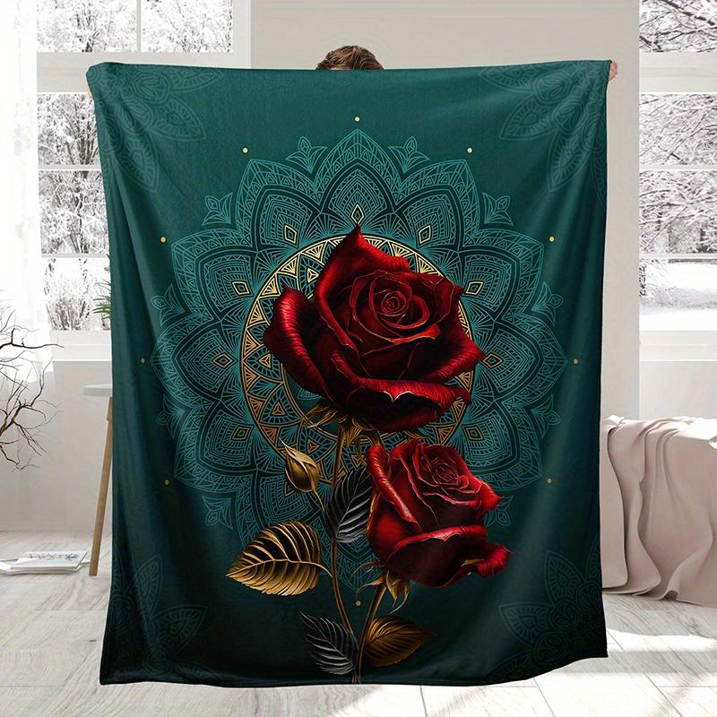 

1pc Vintage Romance Deep Green Rose Flannel Blanket Gold Accented Floral Design Farmhouse Style AllSeason for Bed Sofa Decor 75x100cm