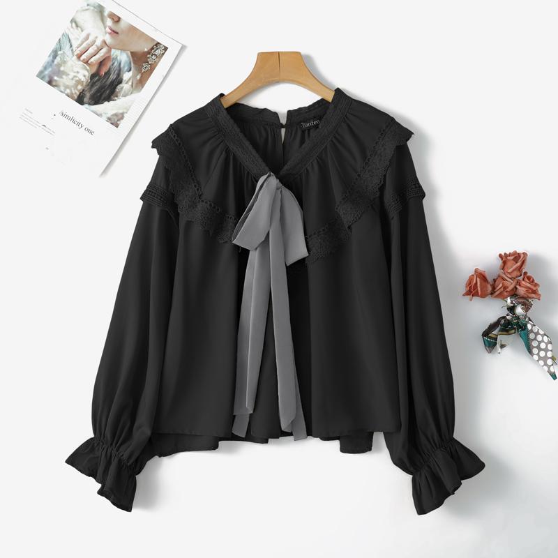 

ZANZEA Womens Round Neck Long Sleeve Loose Casual Patchwork Blouse S чорний