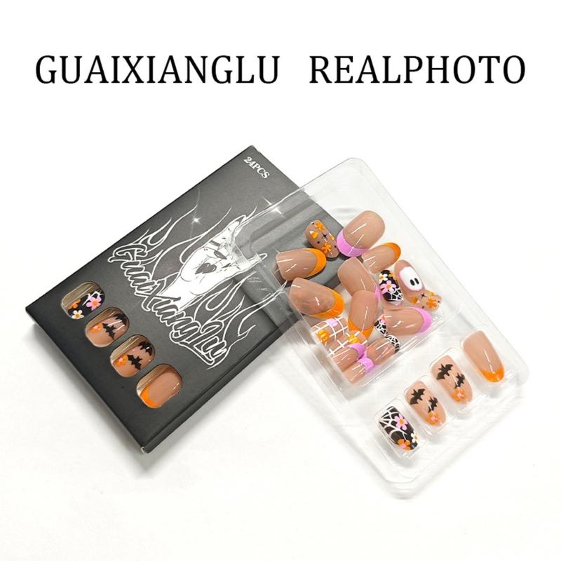 French Tips Fake Nail Acrylic Nail Almond False Nail Glues On Nail Stick On Nail for Women Halloween Press On Nail