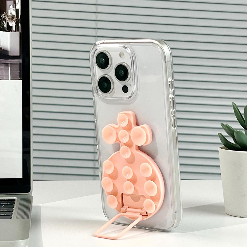 Magnetic Liquid Silicone Phone Case with Adhesive Metal Ring and Retractable Suction Cup Stand