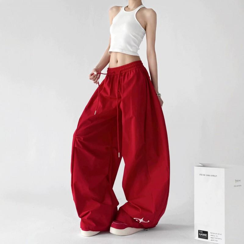 Womens Red Parachute Cargo Pants 2026 Loose Fit Drawstring Elastic Waist Casual Trousers