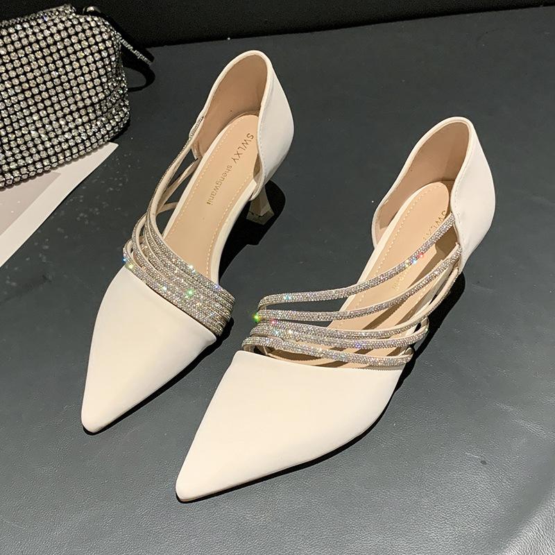 2025 summer new Korean version of fashion rhinestone hollow thin heel pointed head shallow mouth one pedal high heel sandals women's single shoes