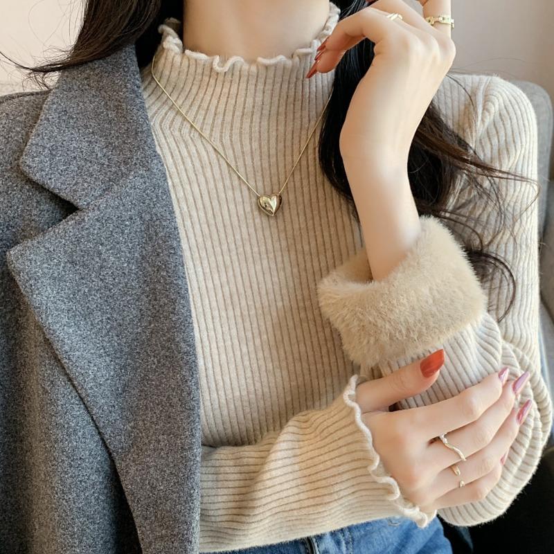 Semi-turtleneck Fungus Edge Top Women's Autumn and Winter Thickened Warm Integrated Fleece Pit Strip Knitted Sweater with Bottoming Shirt