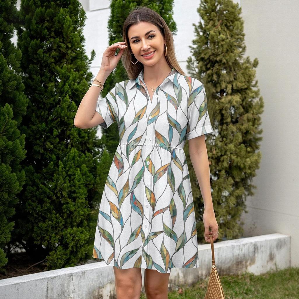 Casual Loose Fit Shirt Dress with Button Front and Stand Collar Short Sleeve Lightweight Summer Dress for Women