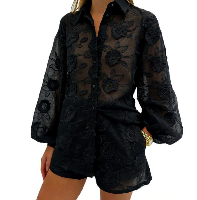 European & American Sexy Cotton Embroidered Set: Spring/Autumn See-Through Shirt & High-Waisted Shorts 2025