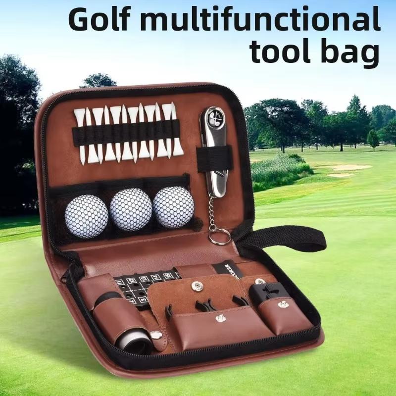 Golf tool kit, golf accessory kit, easy to carry, multifunctional, large capacity storage leather bag (accessories not included)