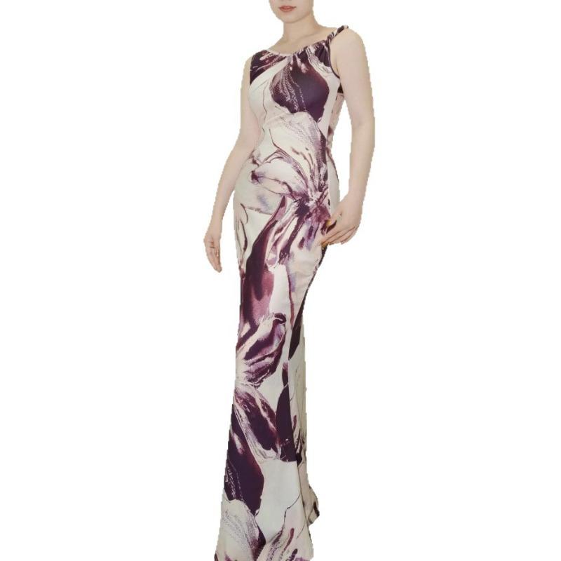 Women's Summer New Casual Flower Print Sleeveless Pleated One-shoulder Slim-fitting Long Dress