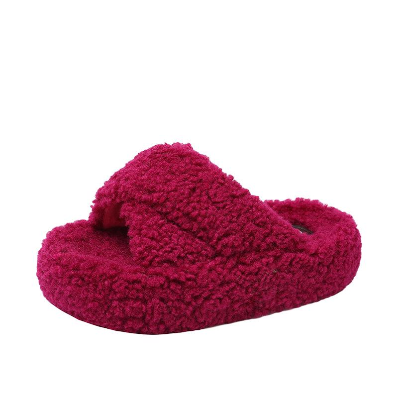 2025 autumn and winter new Korean version of cute fluffy slippers women wear thick bottom home fluff one-word cotton slippers