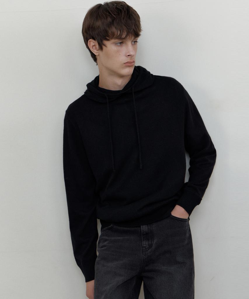 MERCREDI OASIS Pull à Capuche en Laine d'Agneau_Noir(Wcb6Kn85)