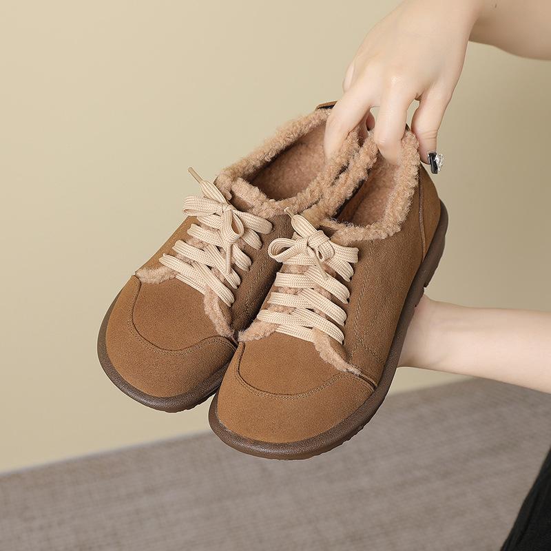 Fashion GKTINOO Loafers Winter Women Cow Suede Leather Round Toe Lace-up Warm Comfort Soft Sole Ladies Flat Fur Shoes Big size 43
