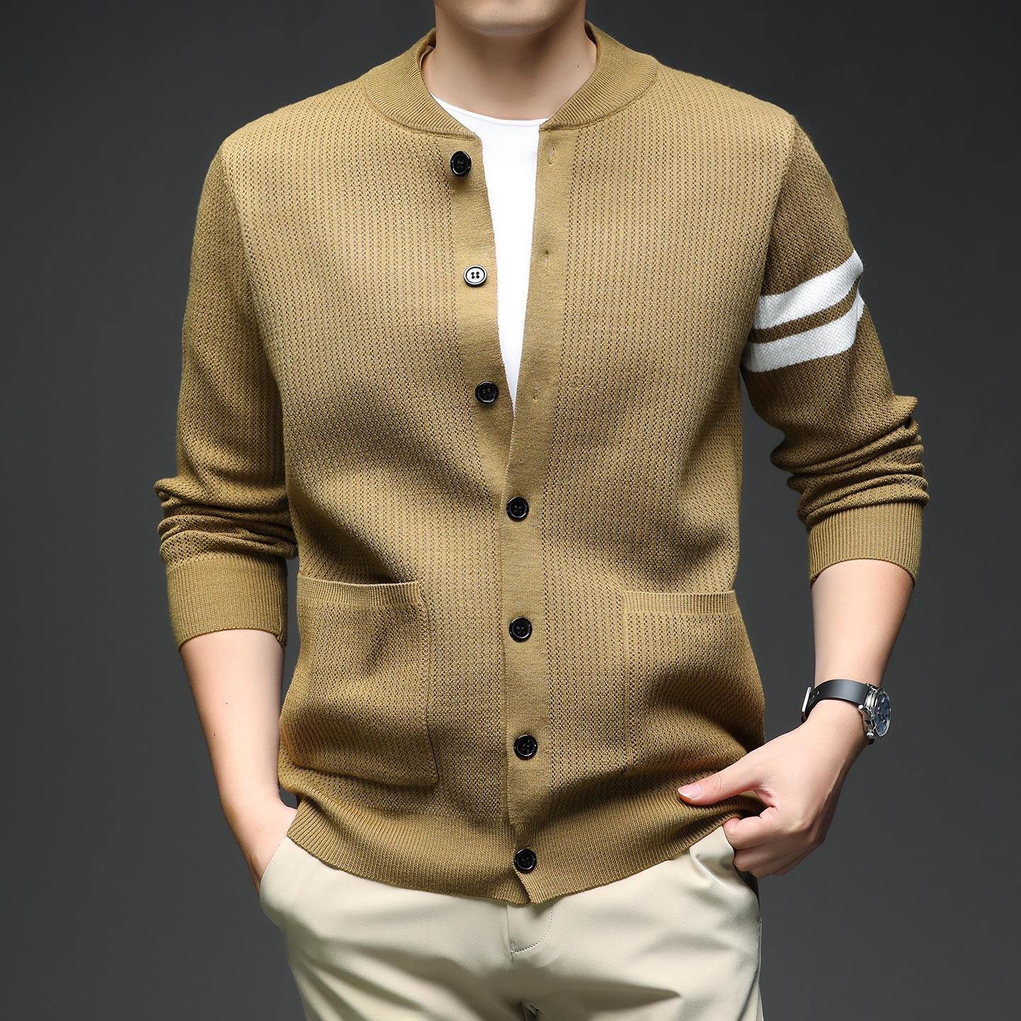 

Men s Slim Fit Knit Cardigan with Stand Collar - 2025 Autumn/Winter Korean Style Fashion Trend Warm Sweater Jacket M жёлтый