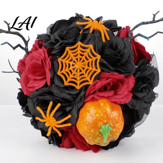 Gothic Wedding Flowers Bouquets for Bride And Bridesmaid Artificial Halloween Bouquet Cobweb Flower Arrangement Black Rose Blooms Fake Bouquet