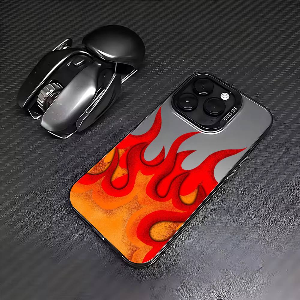 COOL Fashion Flames Phone Case For iPhone17,16,15,14,13,12,11 Plus,Pro Max Colored Silver Plated Inside Cover