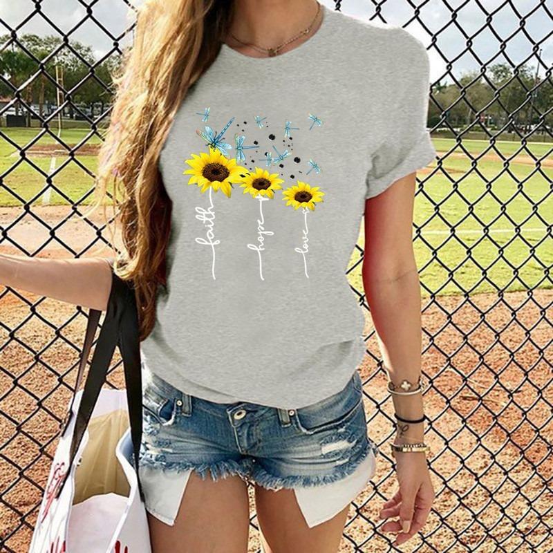 Hope Faith Love Sunflower 3D Printed Women's Short Sleeve Round Neck Summer T-shirt