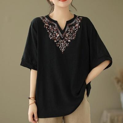 Camiseta Bordada de Algodón Puro de Manga Corta para Mujer Verano Estilo Coreano Holgada Top de Manga Tres Cuartos