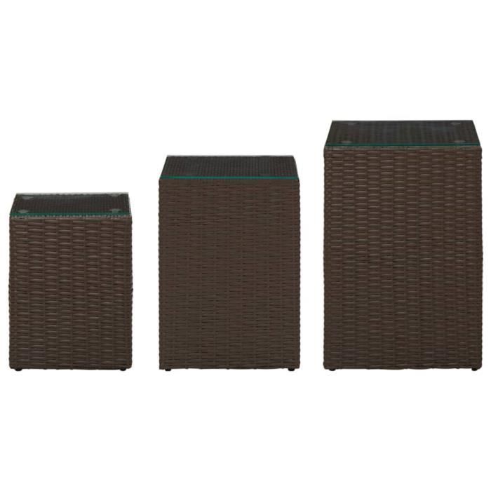 VidaXL Tables d'appoint 3 pcs et dessus en verre Marron Résine tressée