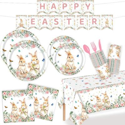 Nouvel Ensemble de Vaisselle et Décorations de Fête sur le Thème de Pâques Fleurs de Printemps Lapin Œuf Assiettes en Papier Décoratives Serviettes Nappe