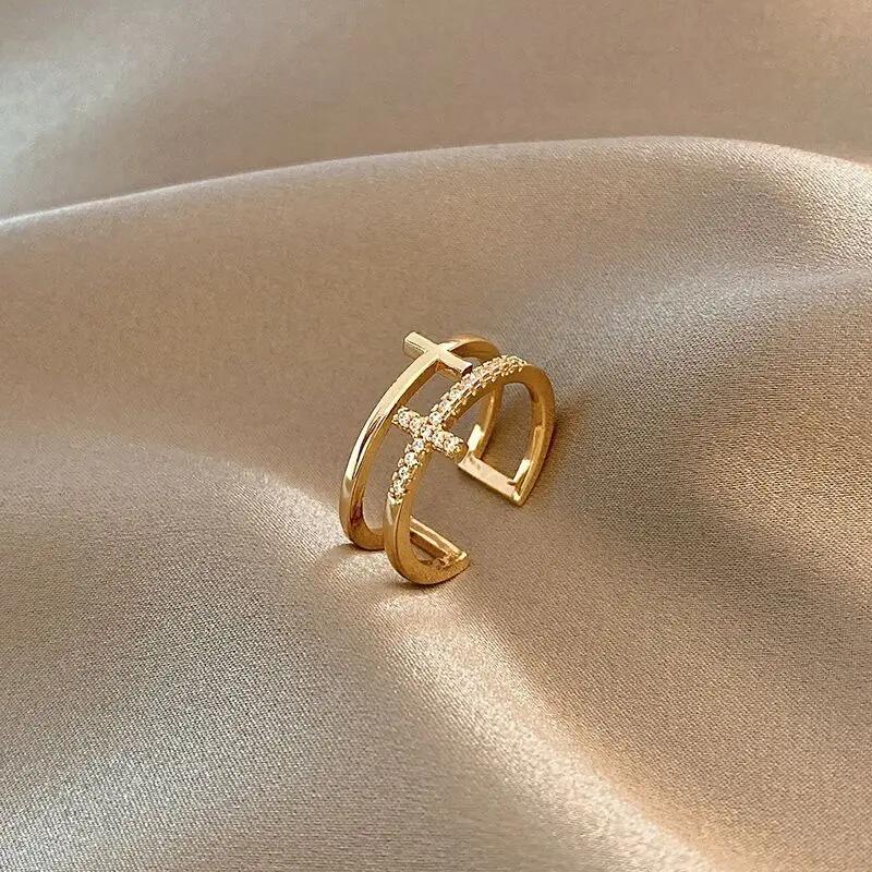 Gold Double Cross Zircon Ring for Women, Luxury Vintage Shiny Zircon Inlaid Finger Ring Fashion Jewelry Gift