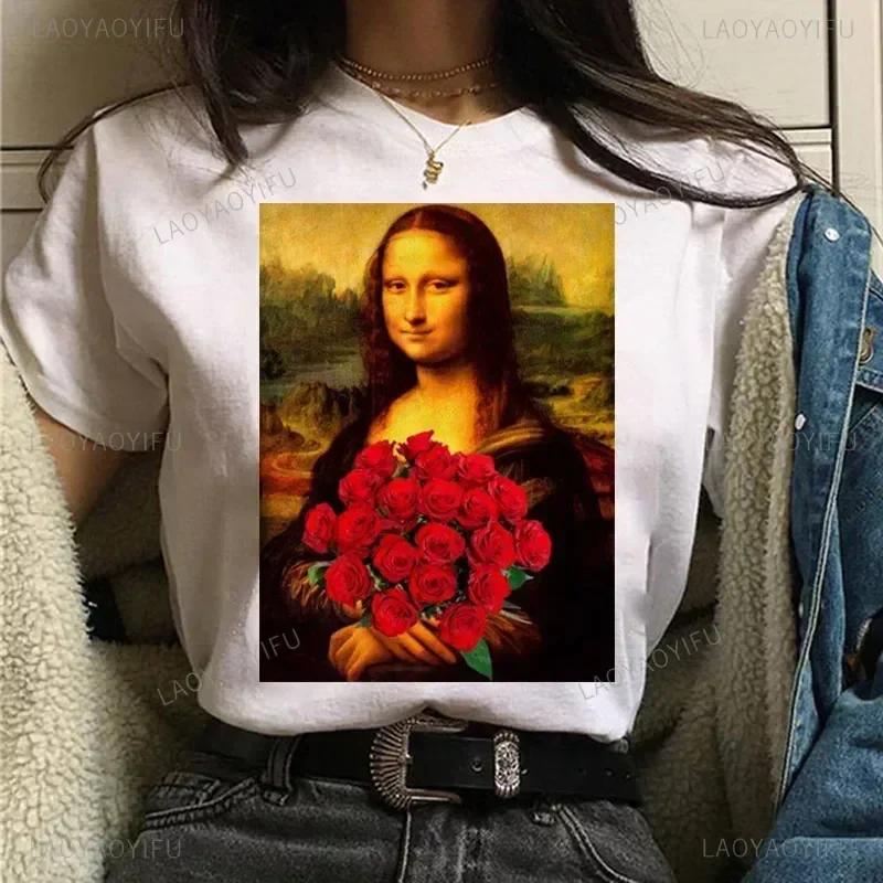 Vintage Humor Mona Lisa Print Women Fashion Top Funny Rose Mona Lisa T-Shirt Classic Camise Breathable Short-sleev