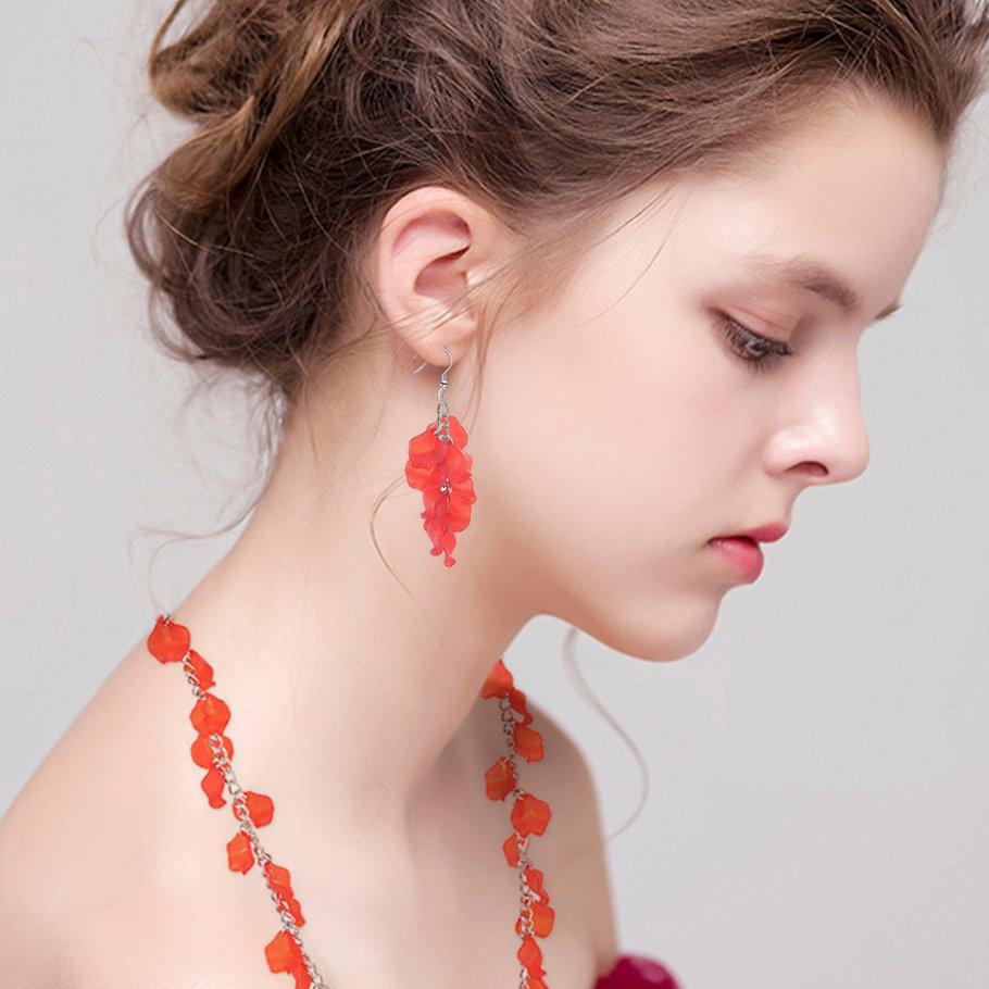 Women & Girls Classic Bridal Red Beaded Clip on Earrings Non Pierced Long Dangle Women & Girls Classic Bridal Red Beaded Clip on Earrings Non Pierced Long Dangle