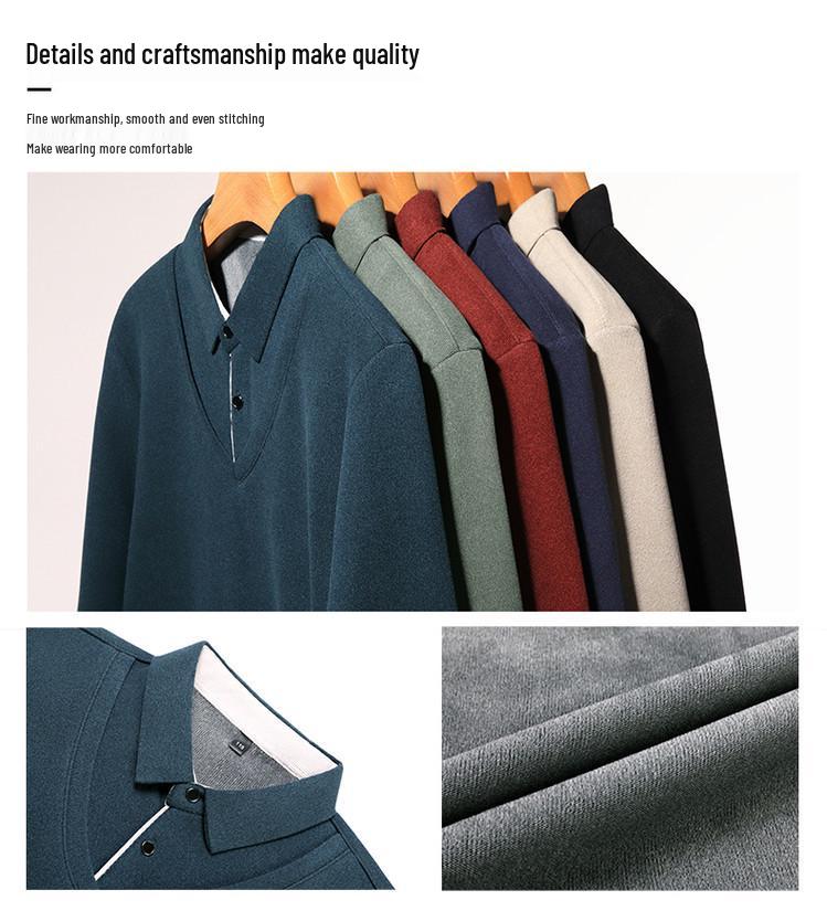 Tricou casual cu mânecă lungă pentru bărbați, aspect two-piece, amestec de lână, cu guler de flanelă