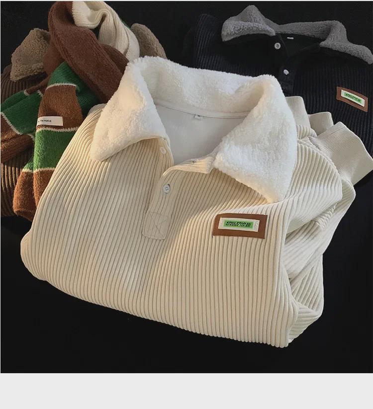 Men's Lamb Wool-Lined Corduroy Polo Sweatshirt - Autumn/Winter Hong Kong Style