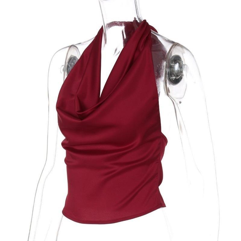 Top de satén para mujer con cuello halter, escote drapeado, sin mangas, elegante, para fiesta, casual