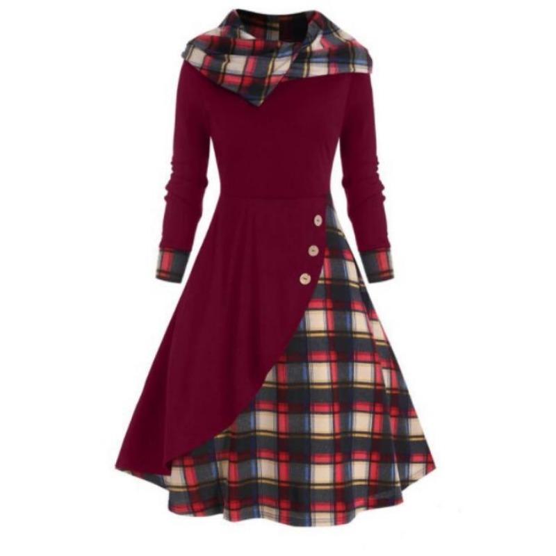 Damen Karo Patchwork Kapuzen-Stehkragen Langarm Midi A-Linien Kleid