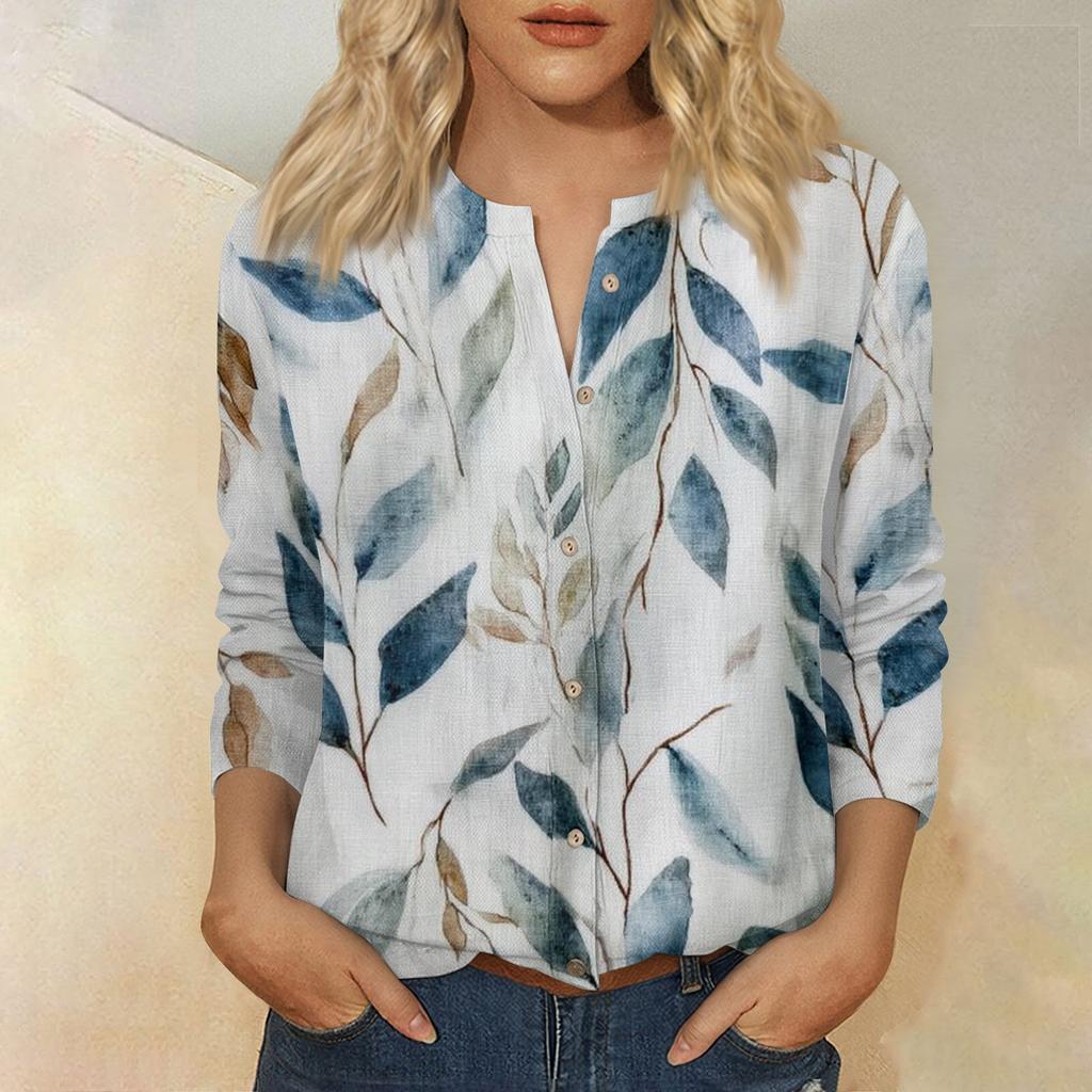 Blouse Vintage pour Femme à Imprimé Floral, Col Rond, Manches Trois-Quarts, Haut Décontracté en Coton et Lin