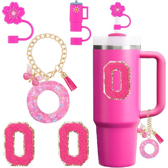 Cup Accessories Set for Stanley Cup 30oz 40oz tumbler with handle, Including Silicone Straw Topper Cover Cap, Handle Charm, Initials Sticker Fuchsia