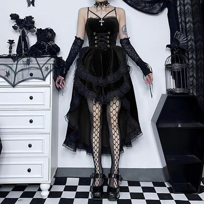 Women Cosplay Dress Dark Style Halloween Party Costume Lace Patchwork Irregular Hem Sleeveless Tight Waist Ruffles Adjustable Wa