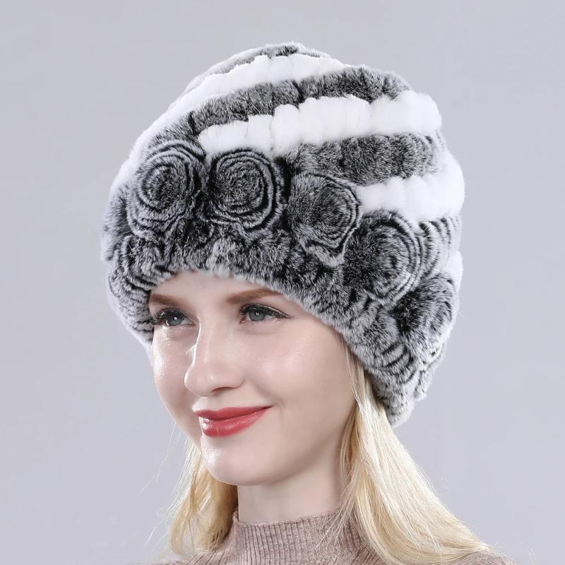 Hot Sell Women Winter Knitted Real Rex Rabbit Fur Hat Fluffy Natural Rex Rabbit Fur Cap Lady Good Elastic Genuine Fur Hats