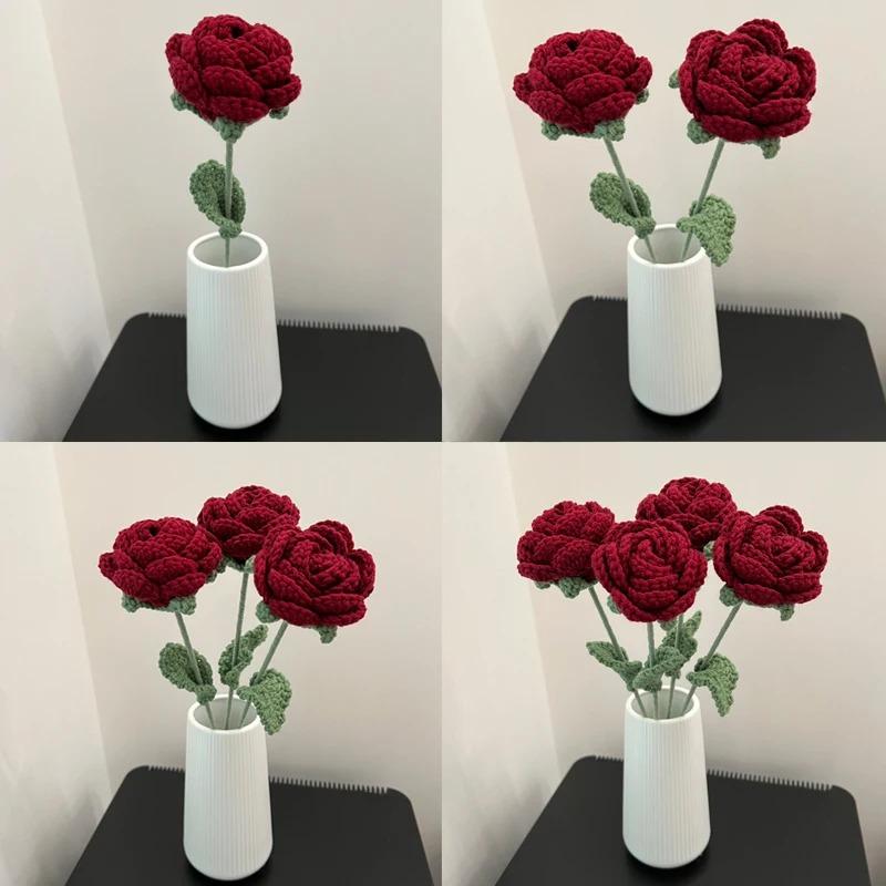 2 Stück Moderne Eleganz Simulationsblume Heimdekoration Esstisch Gestrickte Rose Einzelner Strauß Hochzeit Kunstblume