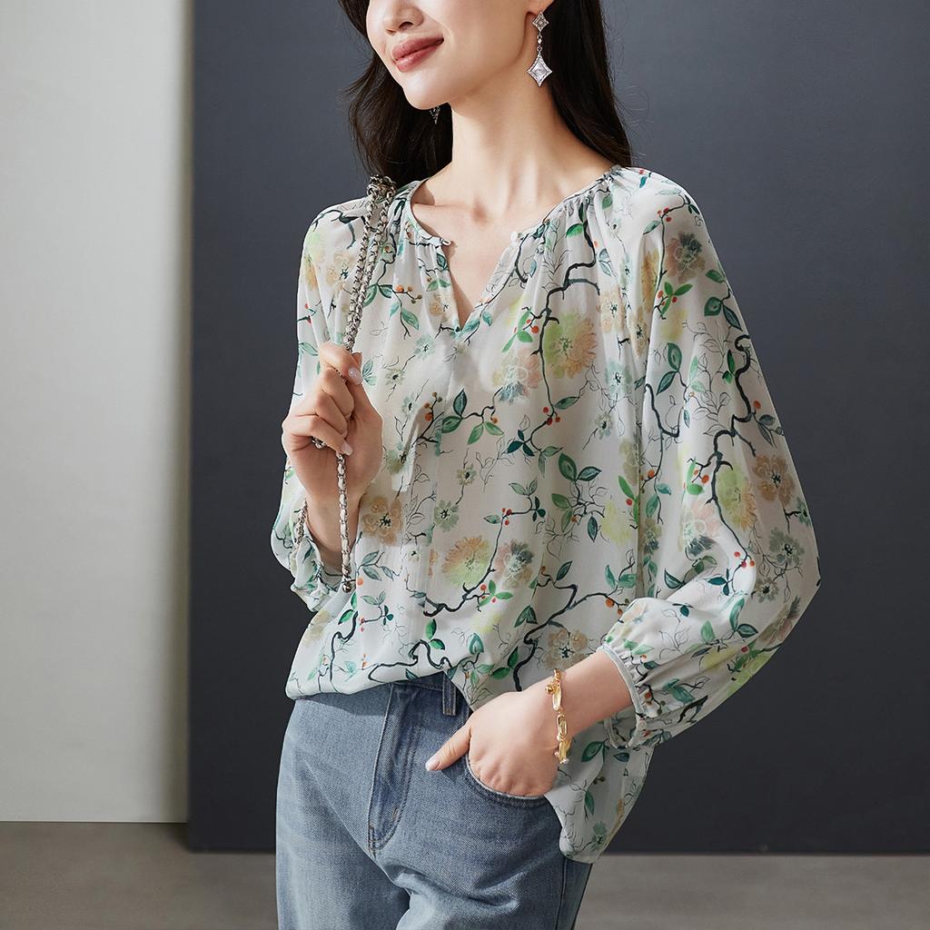 100% mulberry silk printed shirt for women's 2026 spring fashion versatile round neck silk top