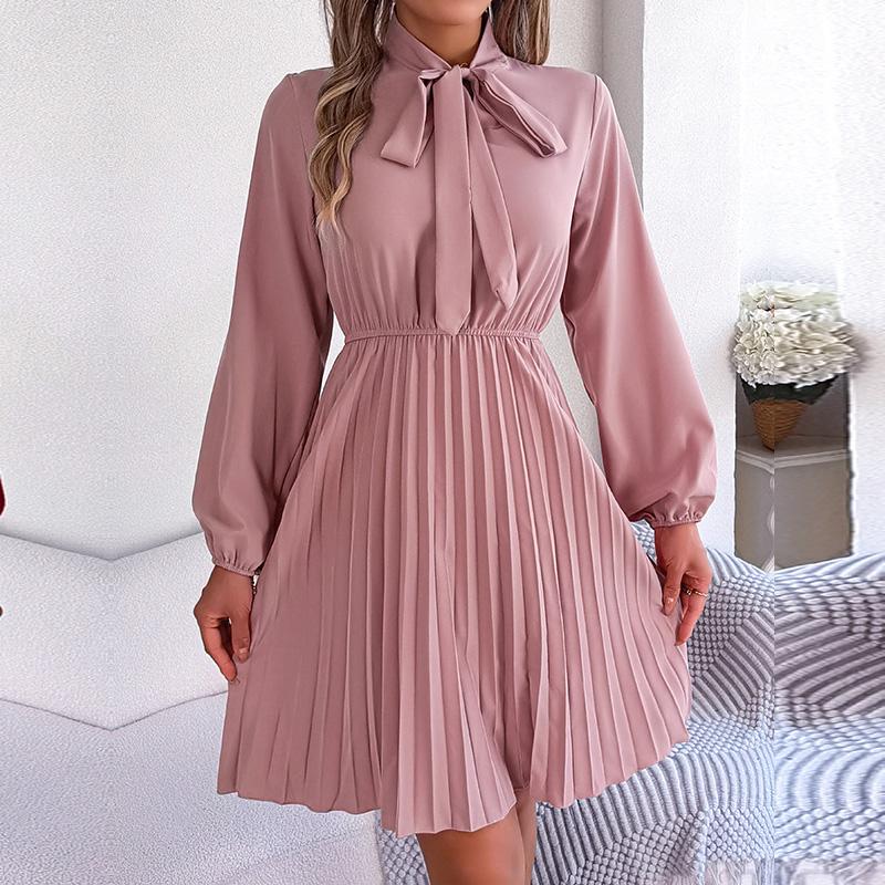 Women's Autumn Winter Temperament Lace Up Solid Color High Waist Long Sleeve Pleated Dress