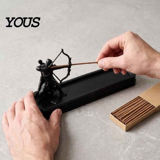 Unique Gift for Gamers Incense Holder with Catch Tray, Archer Warrior Figurine Burner, 3D Printed Matte Black Resin Decor Decorative Stick Stand Desk,