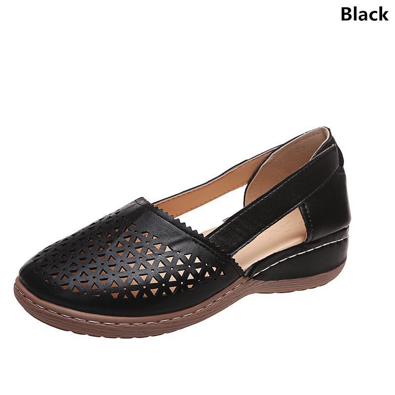Женские модные сандалии на танкетке, однотонные туфли на низком каблуке, повседневные сандалии больших размеров, дышащие кожаные сандалии с круглым носком, размер 35-43 35 чёрный