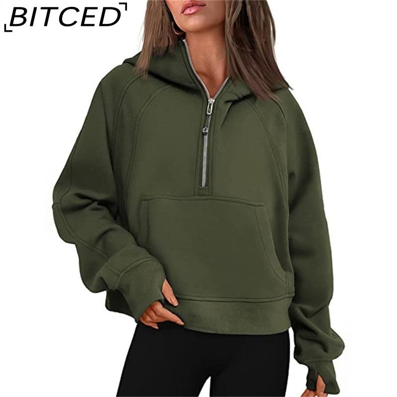 BITCED Autumn/Winter Yoga Wear Women's Sports Half-Zip Hooded Sweatshirt Loose-Fit Fleece-Lined Women's Casual Top