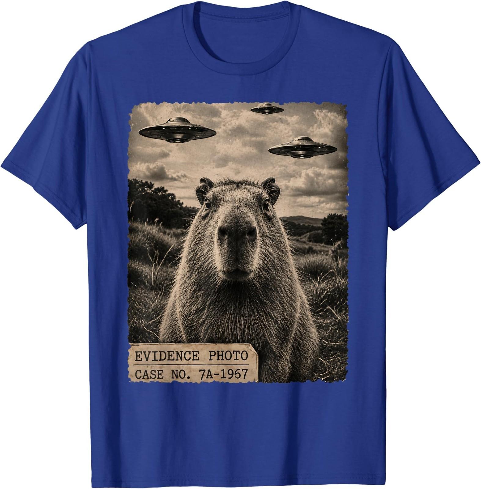 Funny Capybara Graphic Tee Alien UFO Evidence Photo Vintage T-Shirt S разноцветный