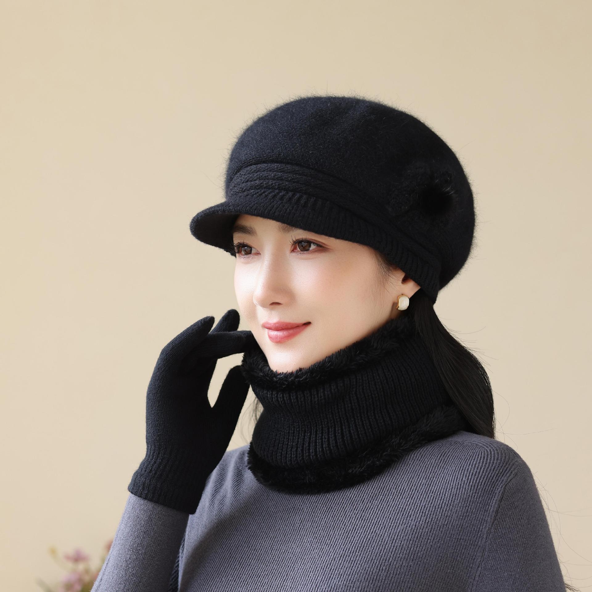 

Woolen Hat for Ladies Middle aged and Elderly Scarf Set Knitted Grandma and Mother Rabbit Fur To Protect Against Cold and Keep Warm for The Elderly one size